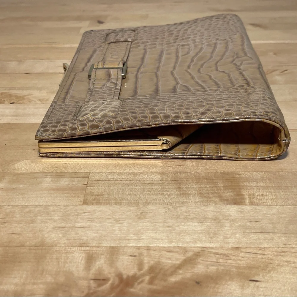 Abas Alligator Embossed Leather Frame Clutch Tan Croc Gold Clasp Evening Bag